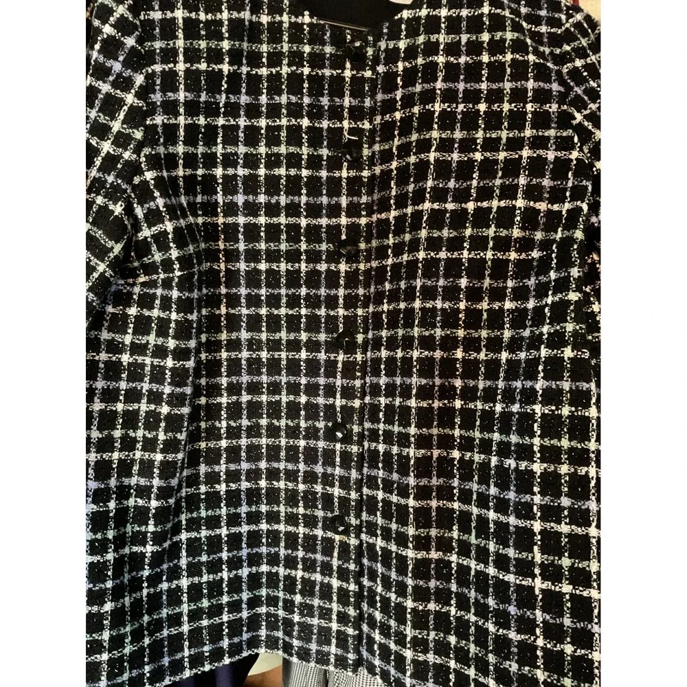 Alfred Dunner Womens Size 14 Black White Grid Plaid Button Front Blazer Jacket